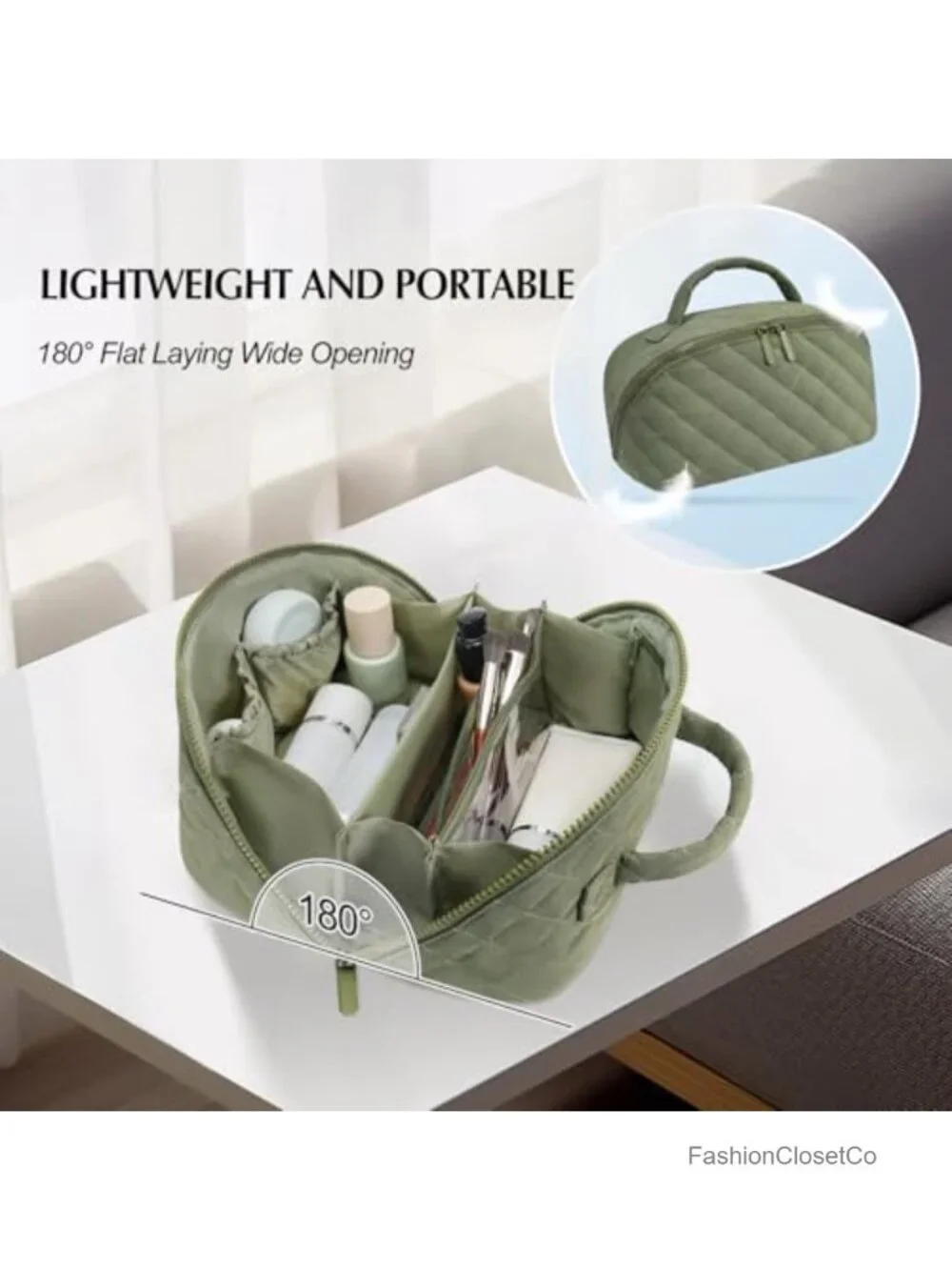 Quilted Makeup Bag Set 2 Pcs Waterproof Cosmetic Organizer Lay-Flat Travel